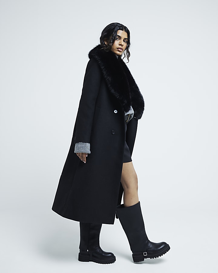 Petite Black Faux Fur Collar Coat