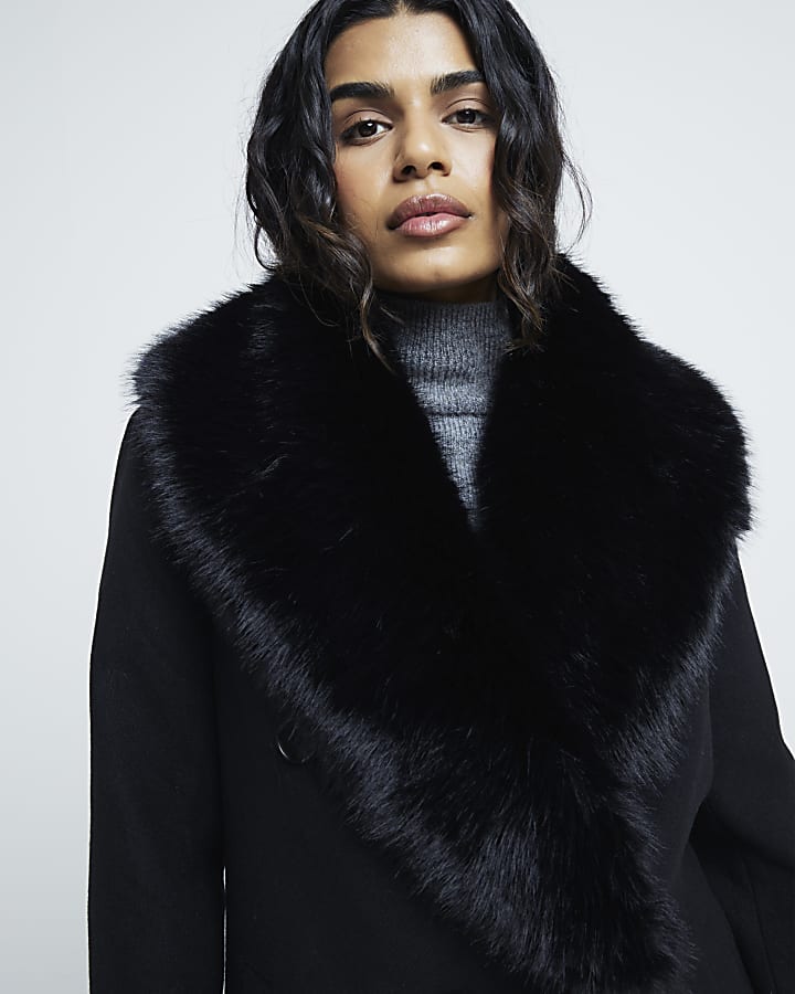 Petite Black Faux Fur Collar Coat