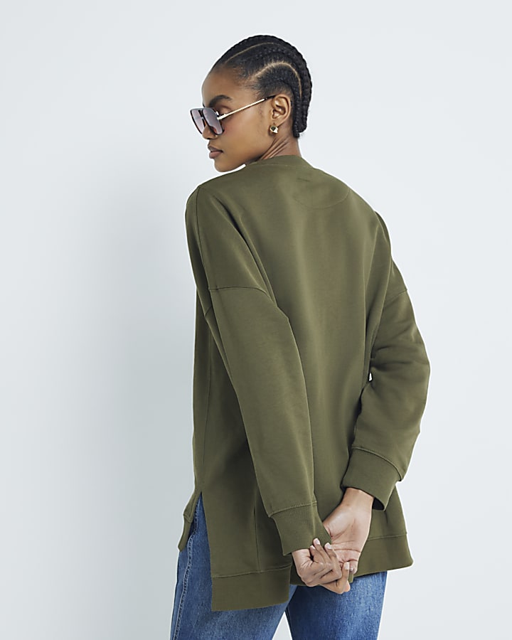 Khaki Long Sleeve Split Front Sweatshirt