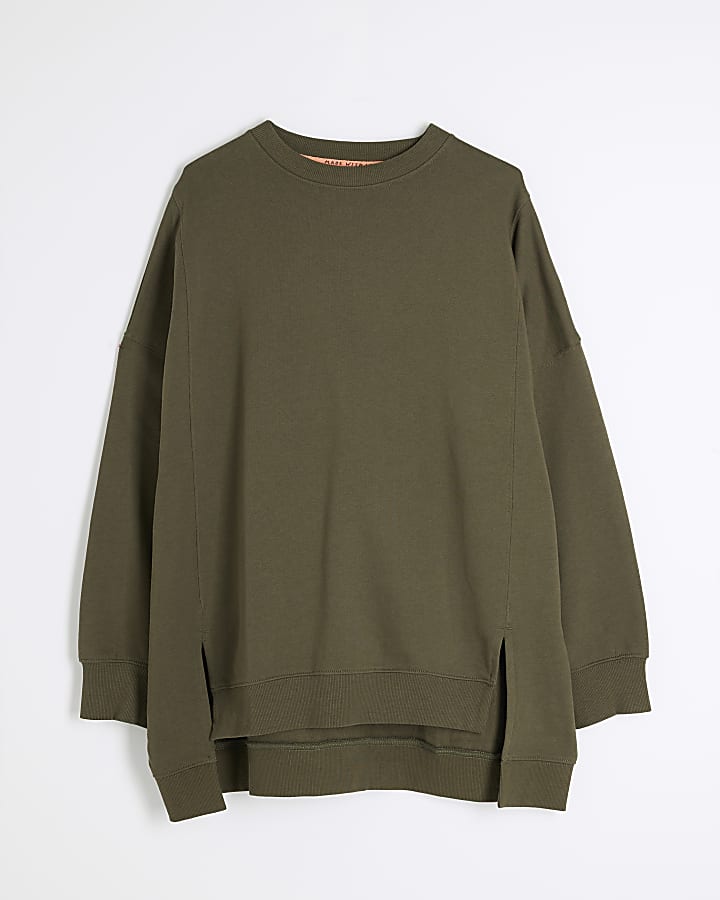 Khaki Long Sleeve Split Front Sweatshirt