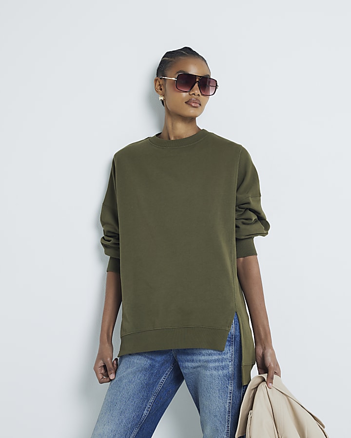 Khaki Long Sleeve Split Front Sweatshirt