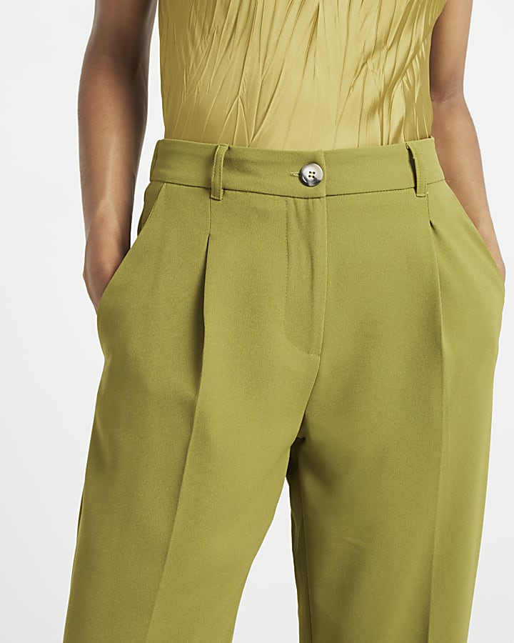 Green Pleated Straight Trousers