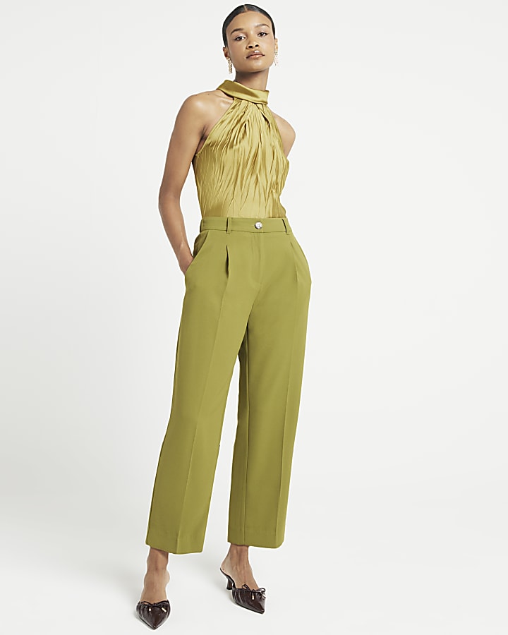 Green Pleated Straight Trousers