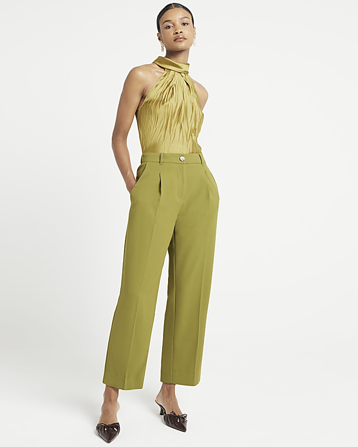 Green Pleated Straight Trousers