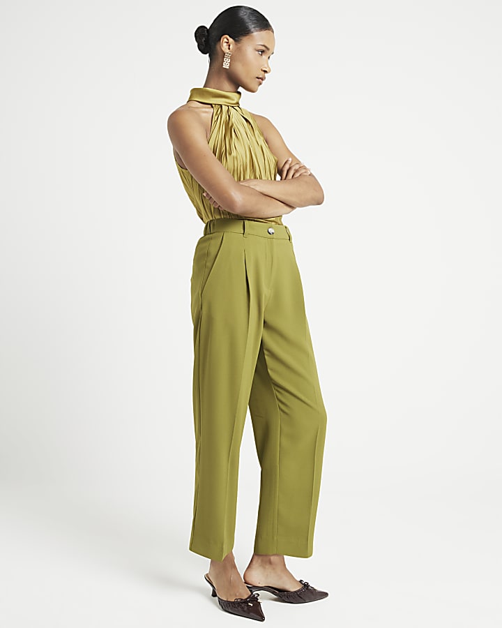 Green Pleated Straight Trousers