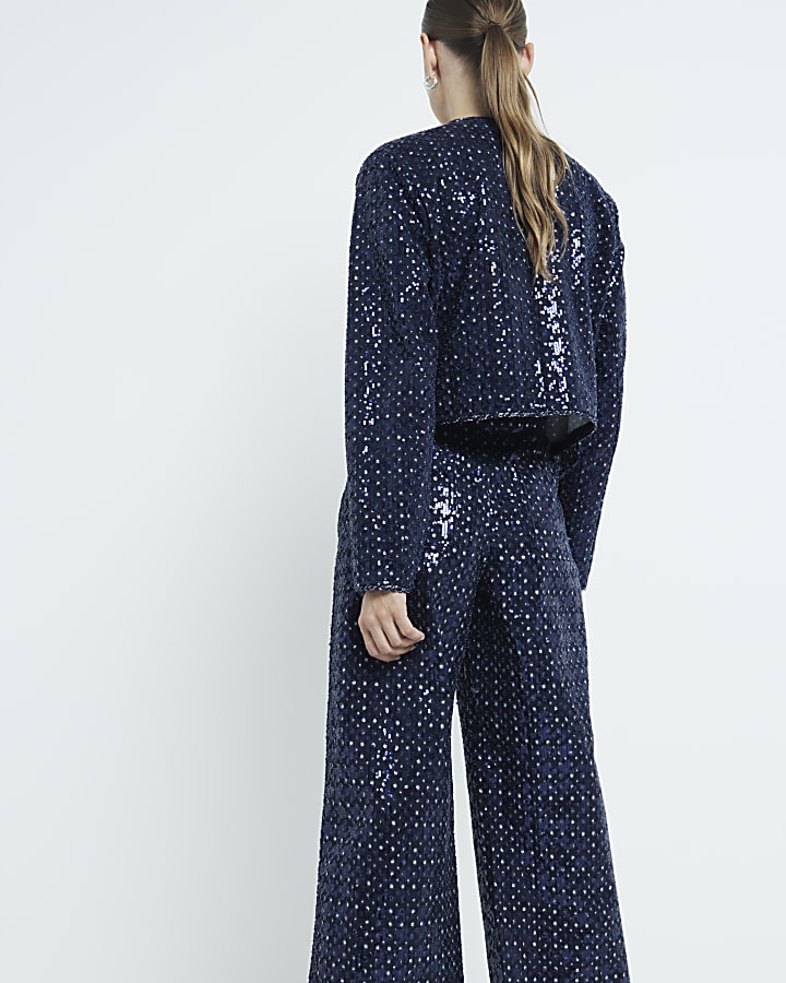 Blue Sequin Cropped Wide leg Jeans