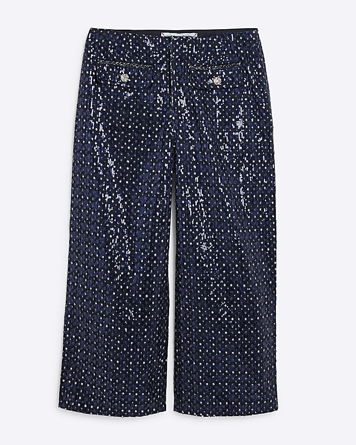 Blue Sequin Cropped Wide leg Jeans