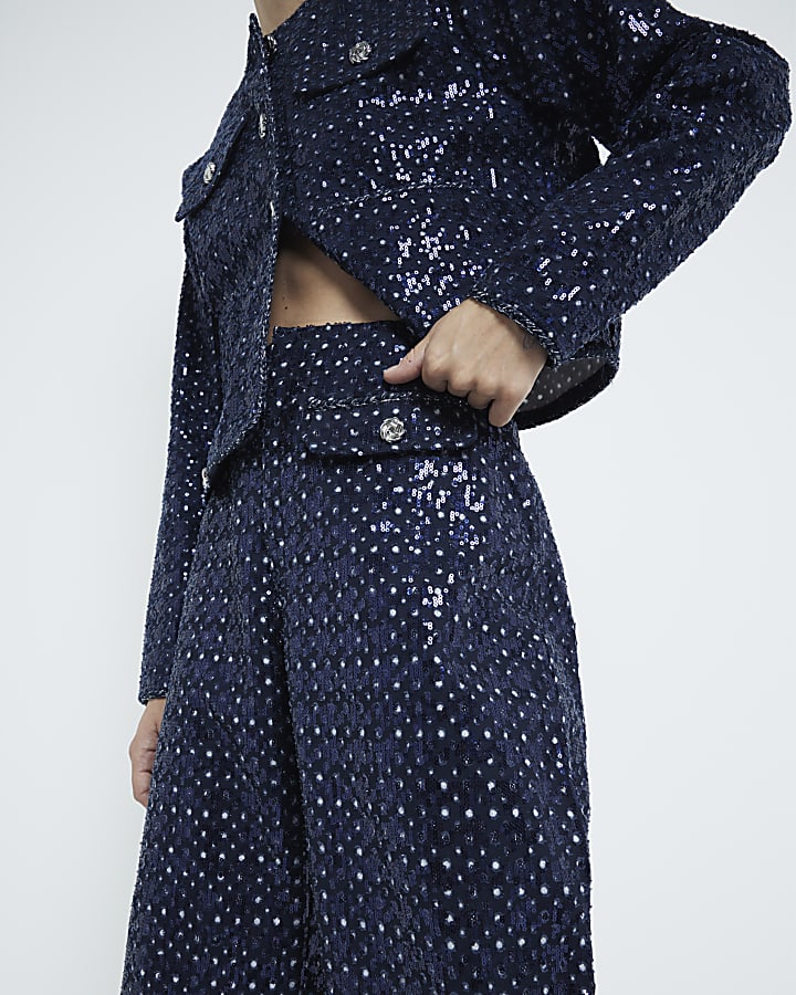 Blue Sequin Cropped Wide leg Jeans
