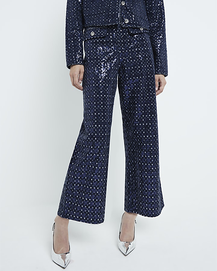 Blue Sequin Cropped Wide leg Jeans