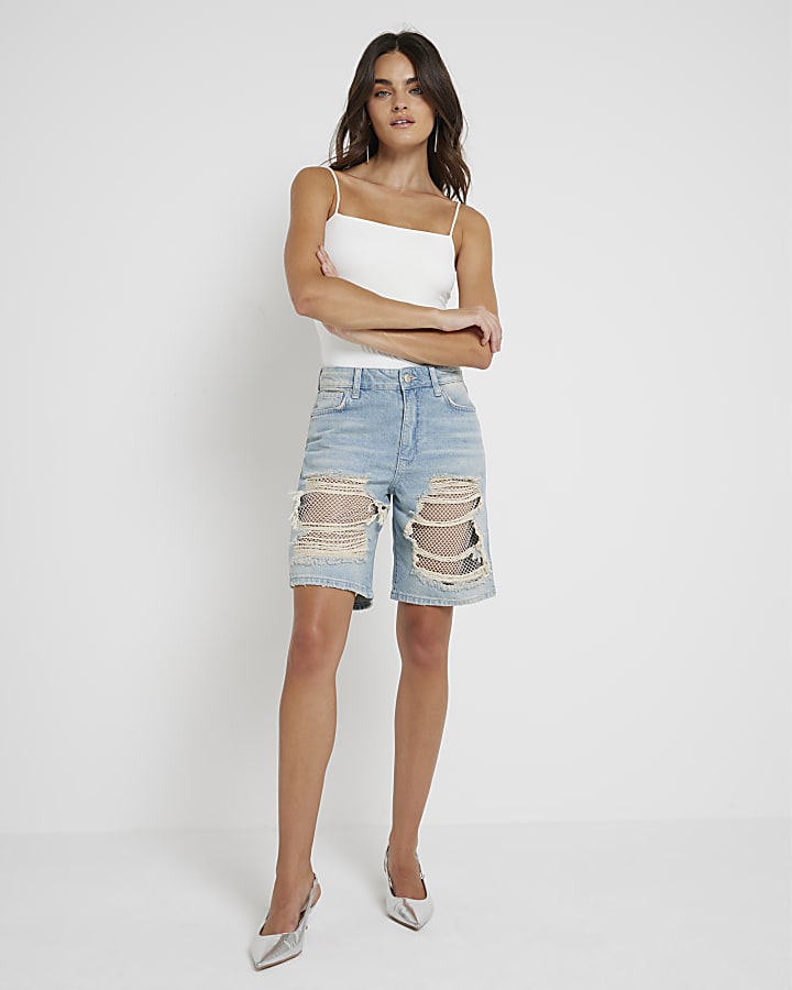 Blue ripped relaxed straight denim shorts