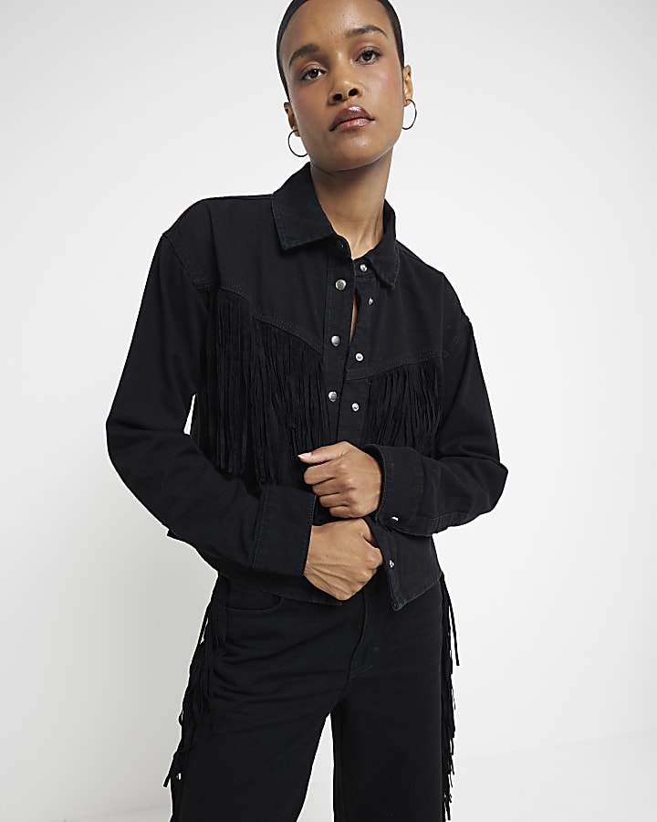 Black Tassel Western Denim Shirt