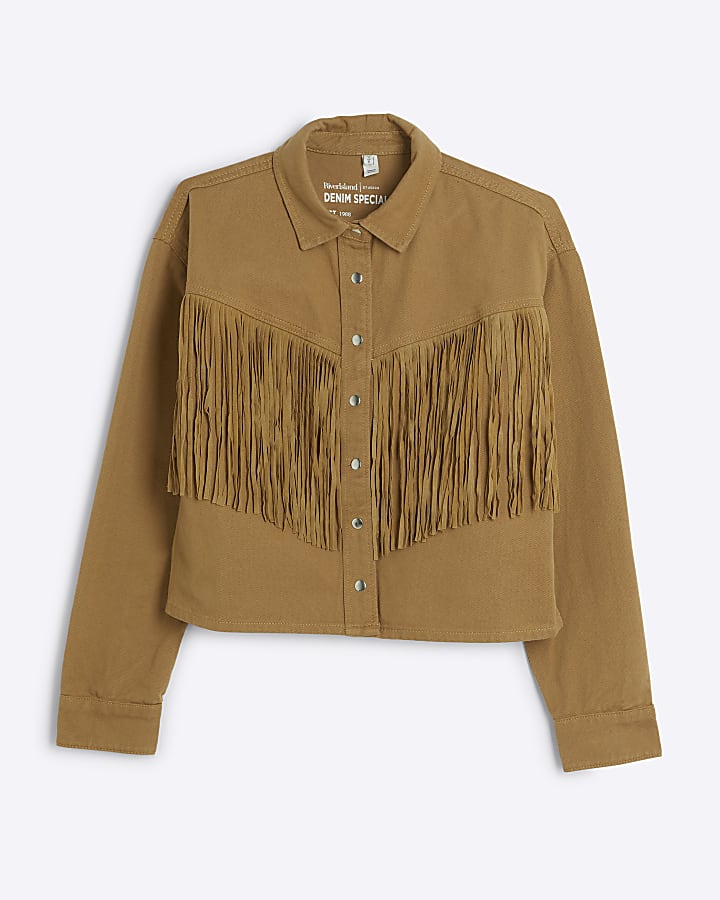 Beige denim tassel western shirt