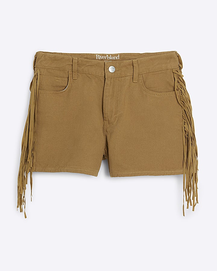 Beige tassel denim shorts