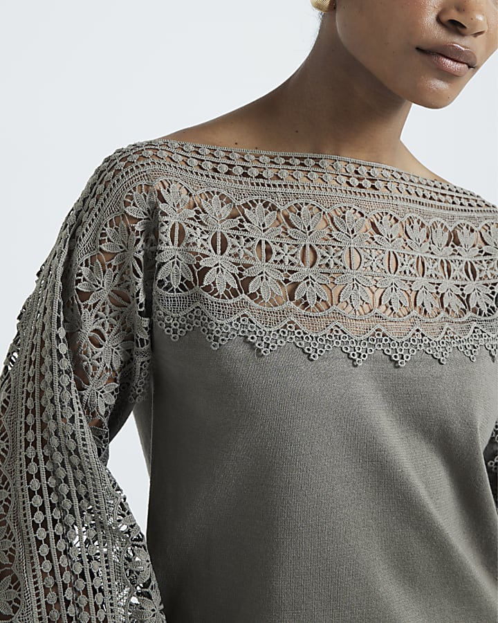 Khaki Hybrid Lace Knit Jumper