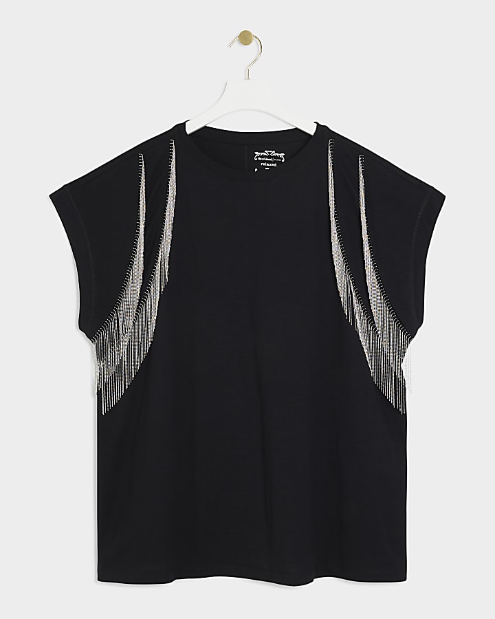 Plus Black Chain Fringe T-shirt