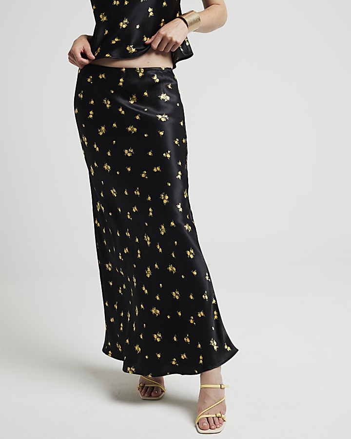 Black satin floral maxi skirt