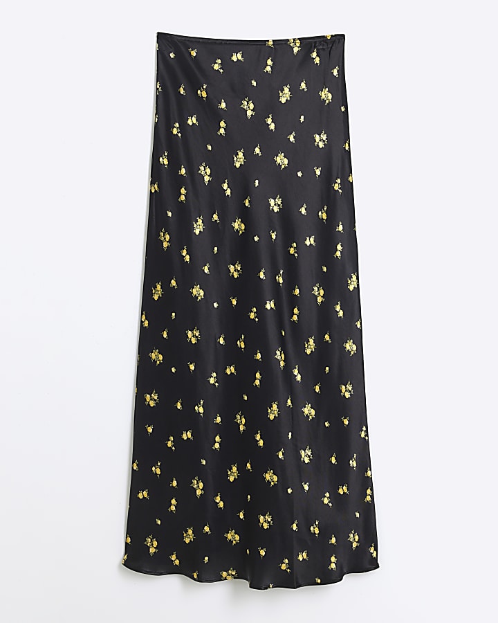 Black satin floral maxi skirt