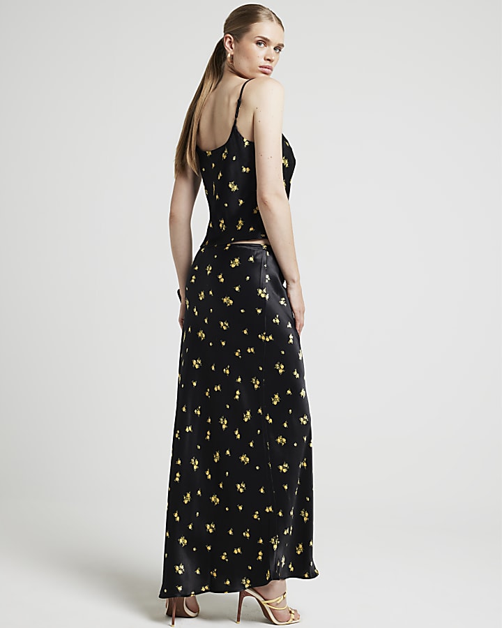Black satin floral maxi skirt