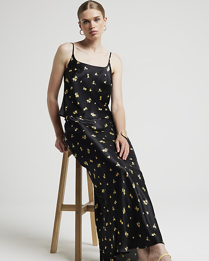 Black satin floral cowl neck cami top