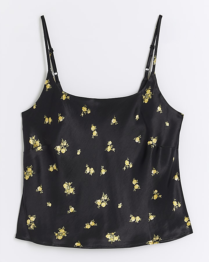 Black satin floral cowl neck cami top
