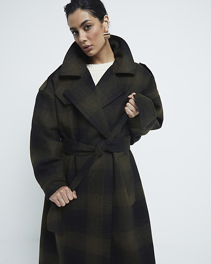 Green dark checked belted coat