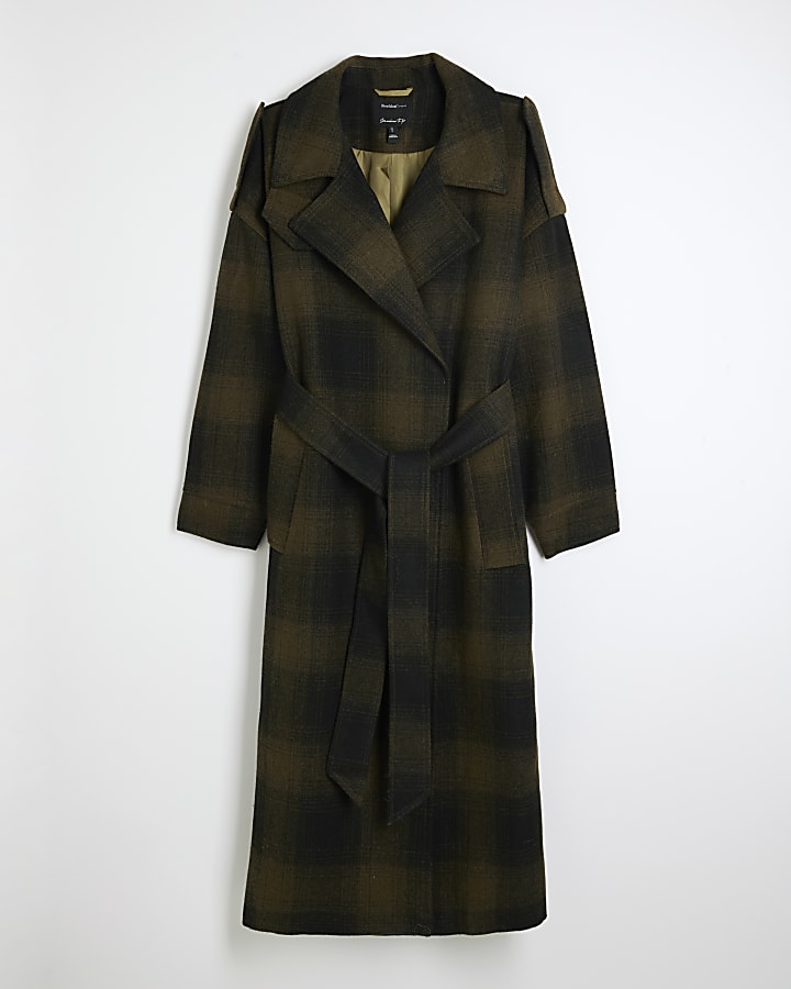 Green dark checked belted coat