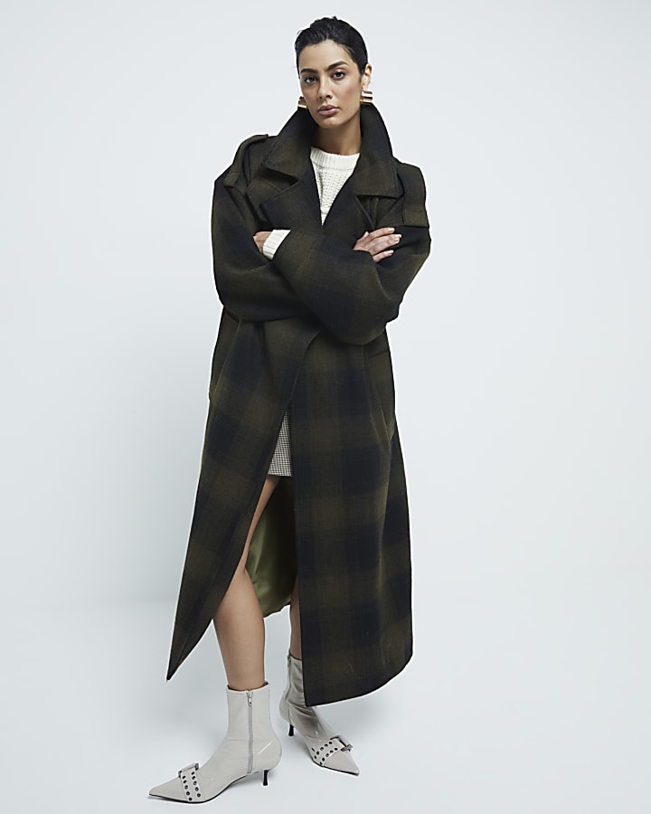 Green dark checked belted coat