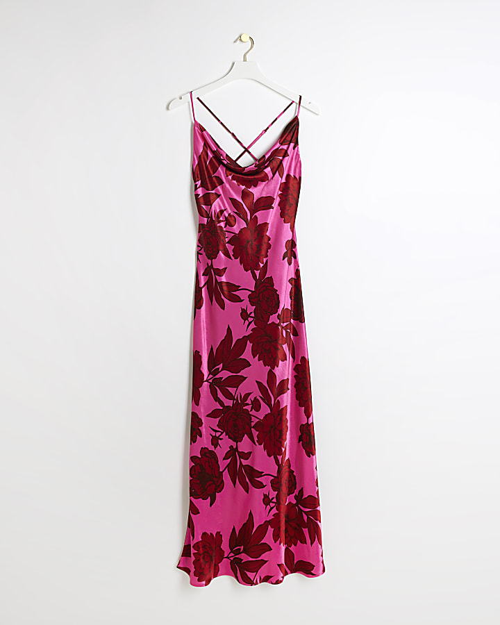 Pink satin floral cross back slip midi dress