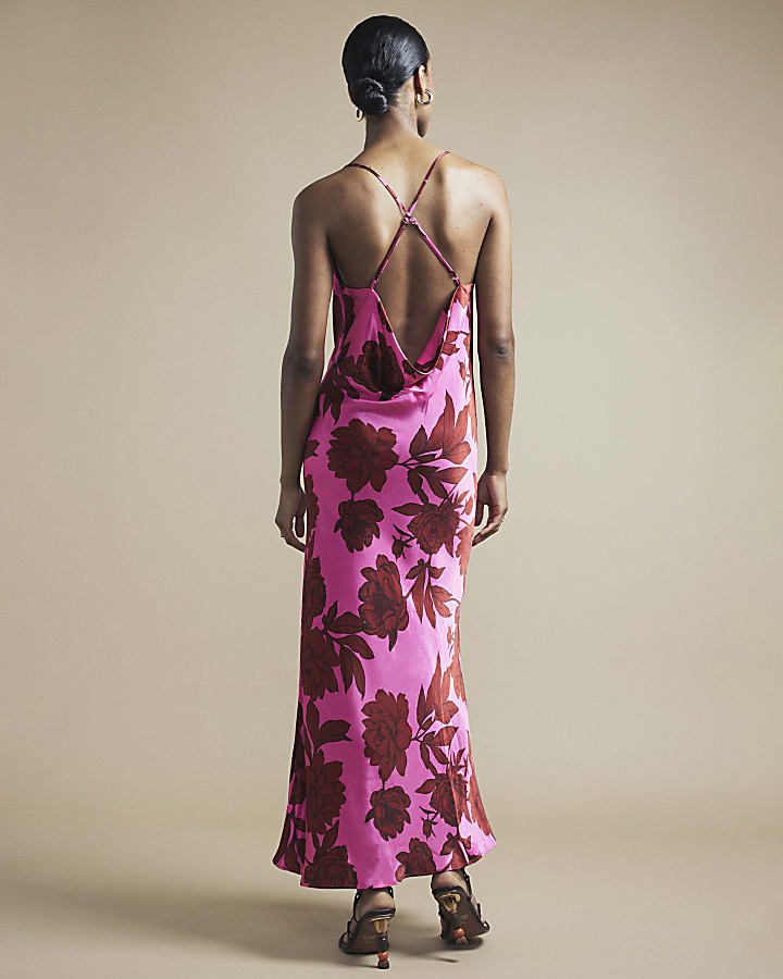 Pink satin floral cross back slip midi dress