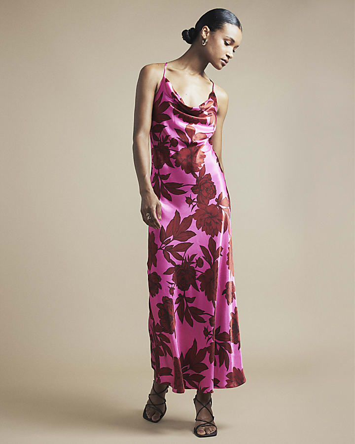 Pink satin floral cross back slip midi dress