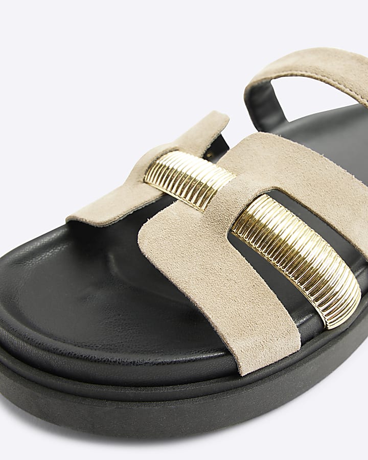 Beige cut out strap leather sandals