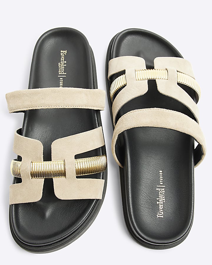 Beige cut out strap leather sandals