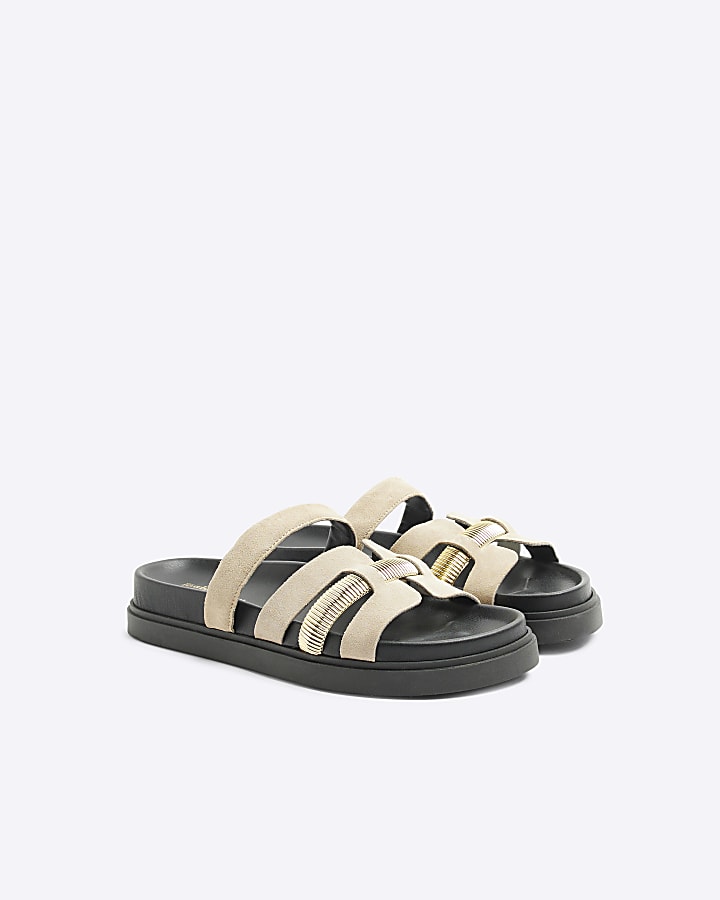 Beige cut out strap leather sandals