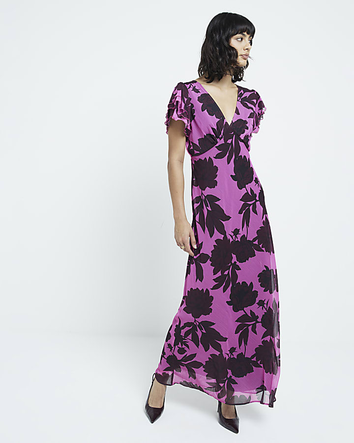 Pink Floral Frill Maxi Dress