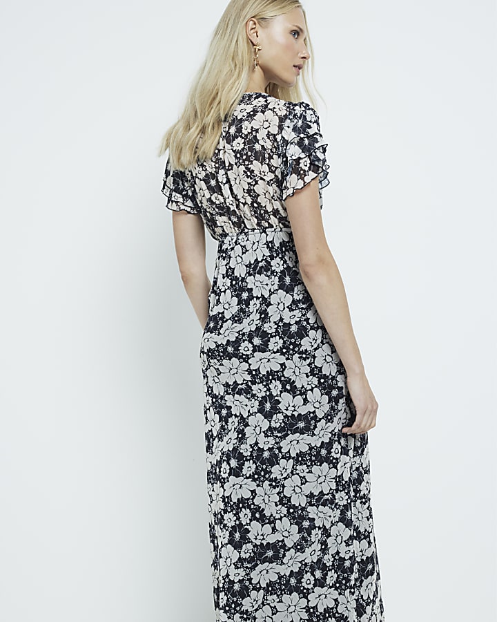 Black Floral Frill Maxi Dress