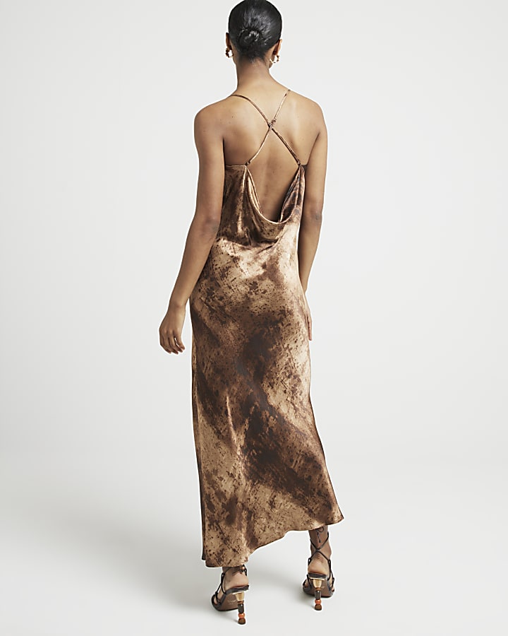 Brown satin cross back slip midi dress