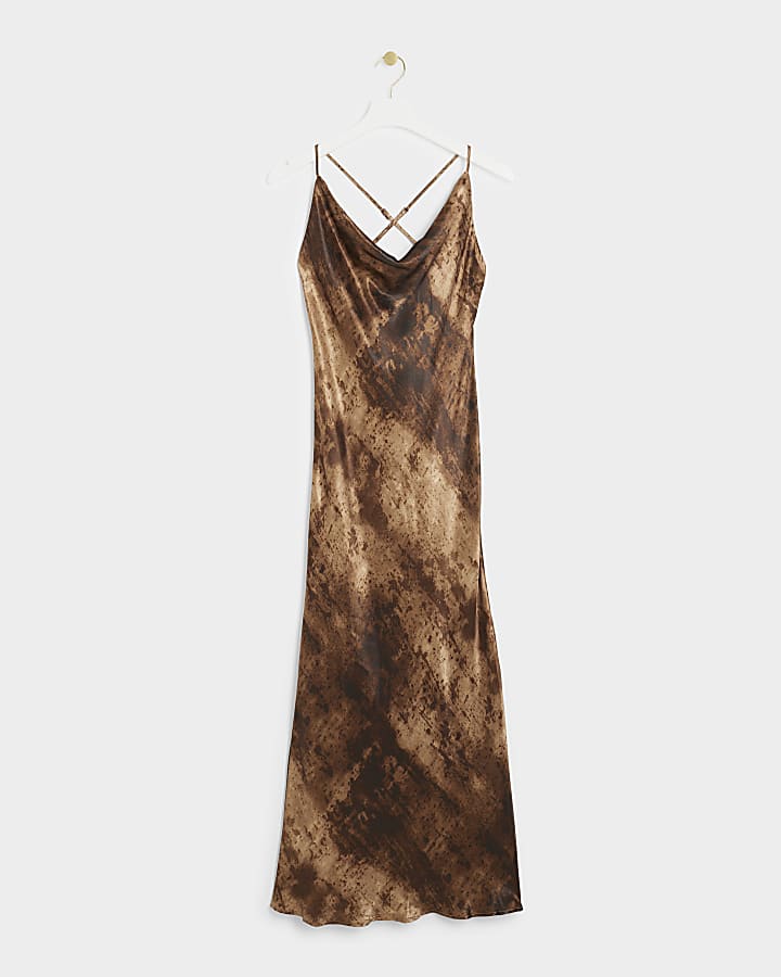 Brown satin cross back slip midi dress