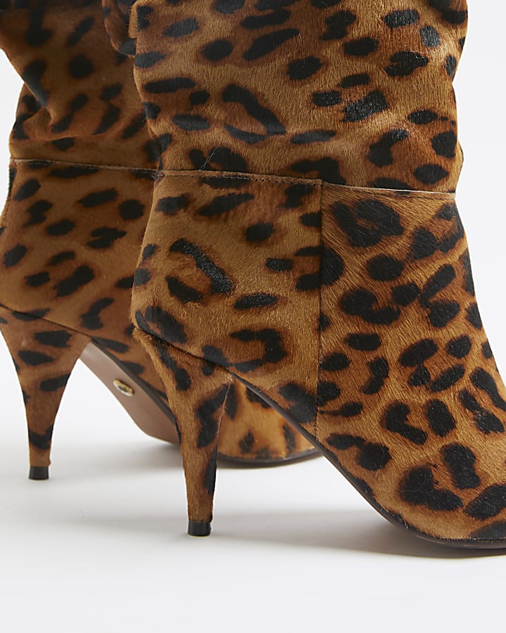 Beige Suede Leopard Slouch High Heeled Boots