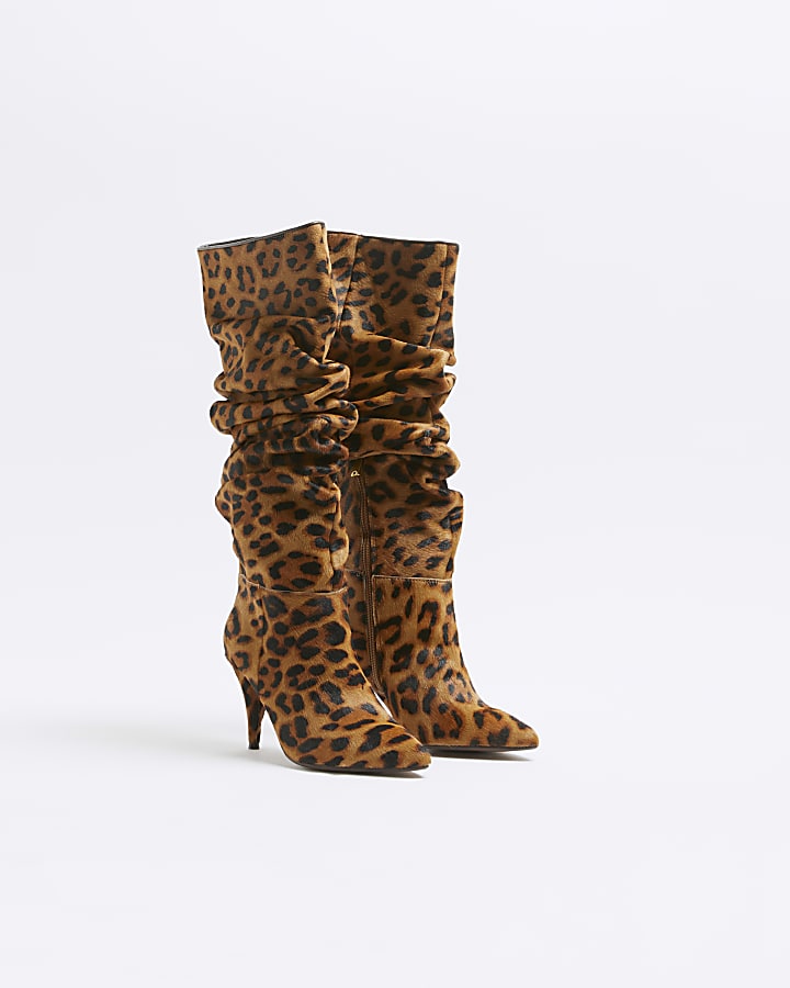 Beige Suede Leopard Slouch High Heeled Boots