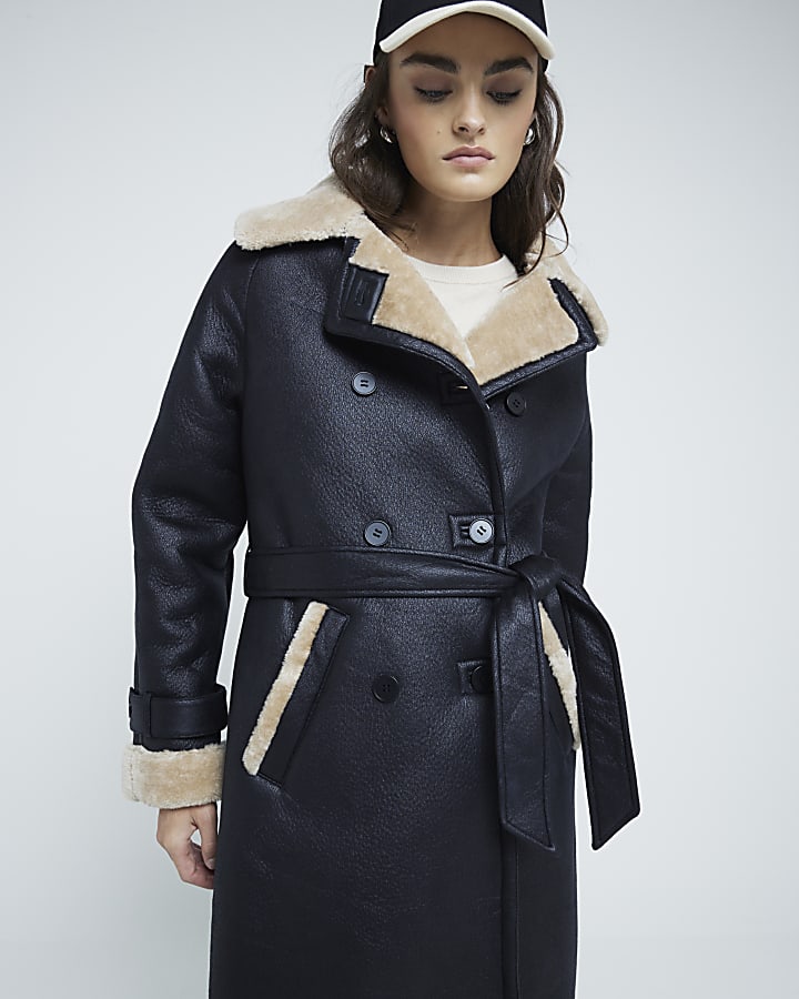 Black Faux Shearling Belted Trench Coat