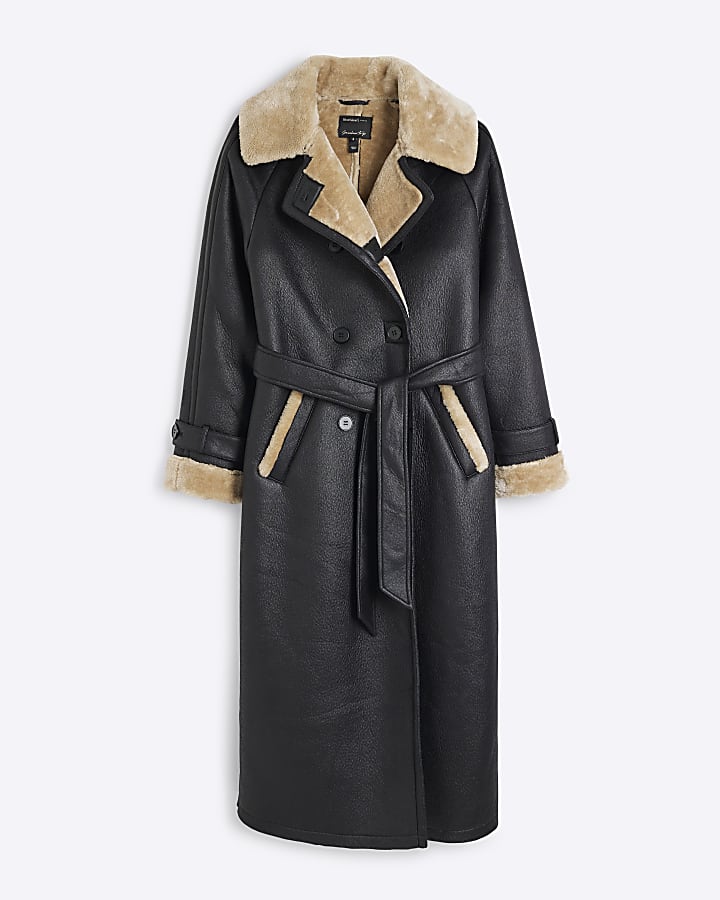 Black Faux Shearling Belted Trench Coat