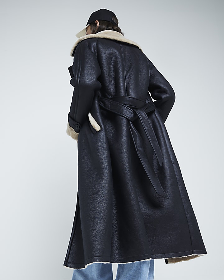 Black Faux Shearling Belted Trench Coat