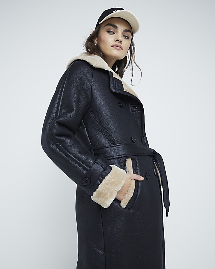 Black Faux Shearling Belted Trench Coat