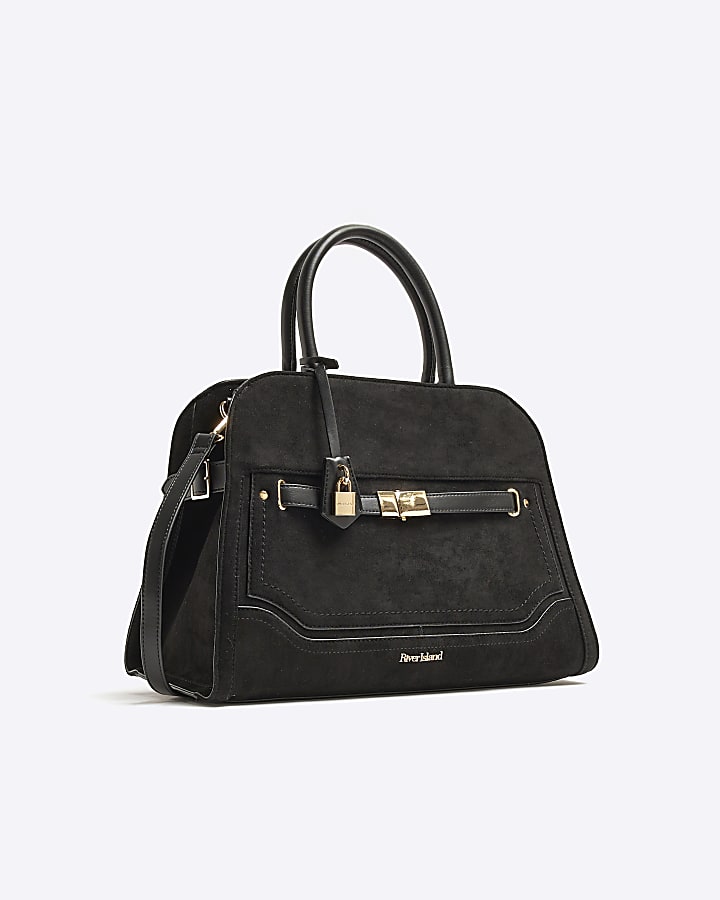 Black suedette lock detail tote bag