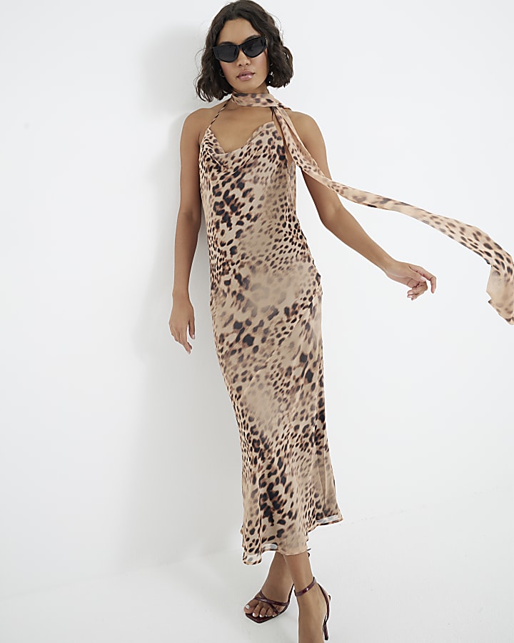 Brown leopard print scarf bodycon maxi dress