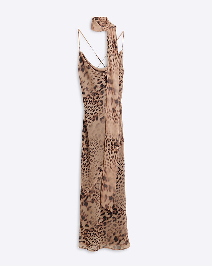 Brown leopard print scarf bodycon maxi dress