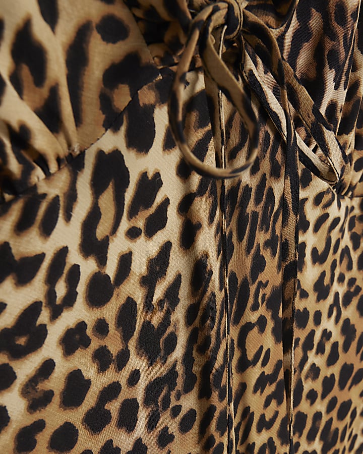 Brown leopard print frill slip midi dress