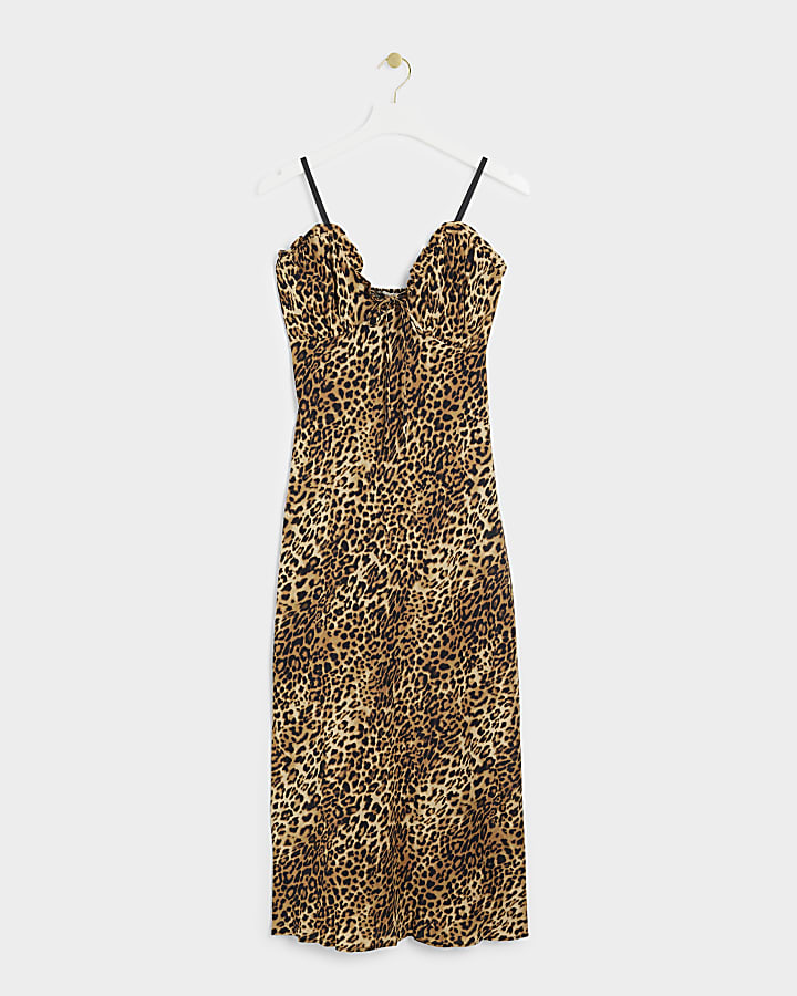 Brown leopard print frill slip midi dress