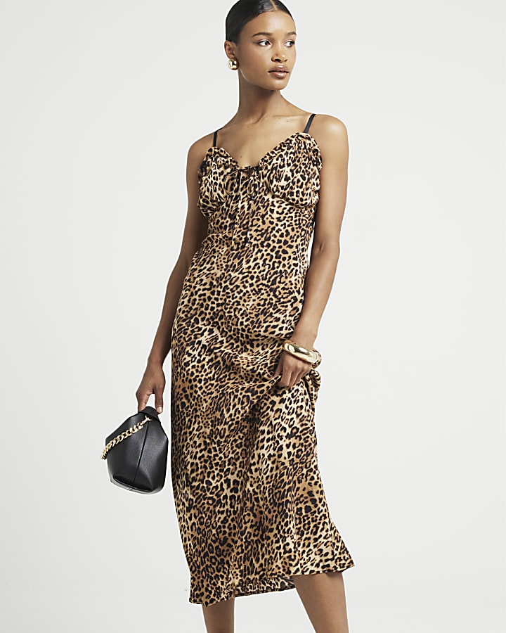 Brown leopard print frill slip midi dress