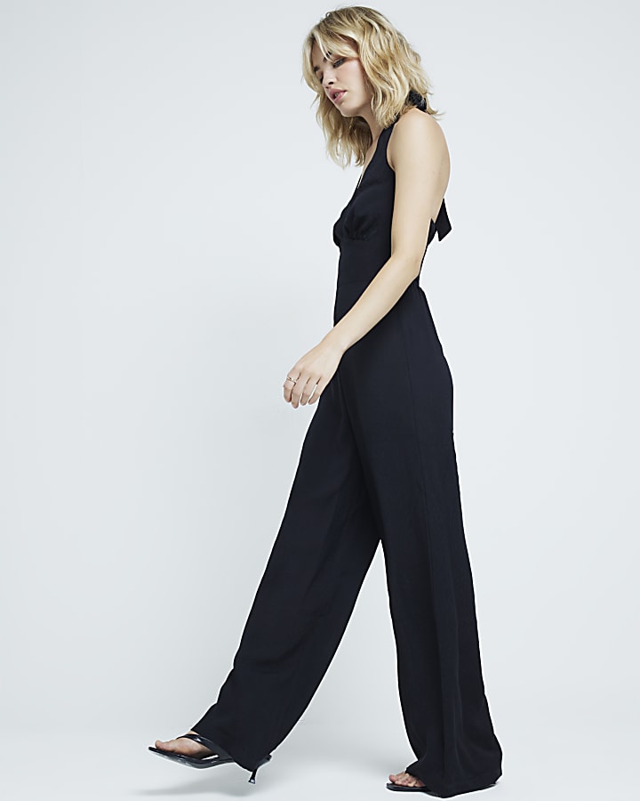 Black Jacquard Halter Neck Jumpsuit